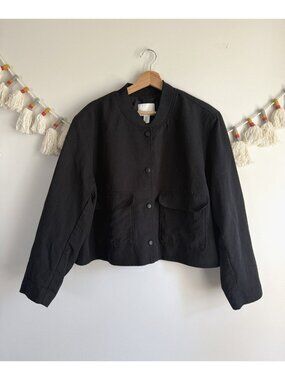 H&M Linen Blend Black Boxy Crop Bomber Jacket Loose Fit Size XL Capsule Wardrobe
